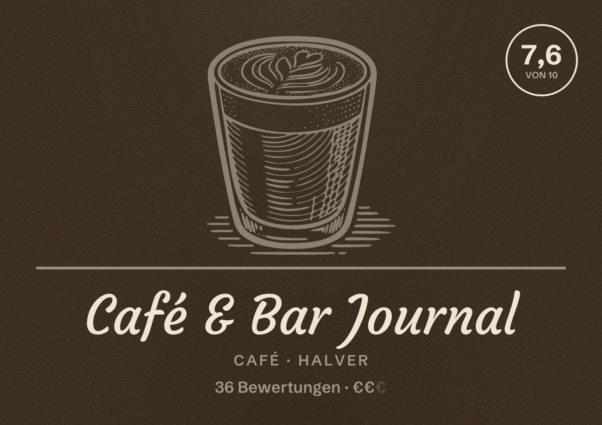Illustriertes Poster von Café & Bar Journal, Café in Halver: Bewertung 7,6 von 10 aus 36 Bewertungen, Preisniveau €€