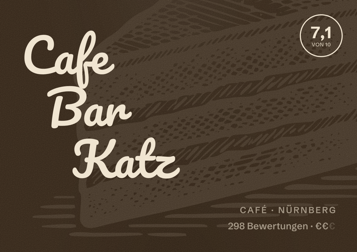 Illustriertes Poster von Cafe Bar Katz, Café in Nürnberg: Bewertung 7,1 von 10 aus 298 Bewertungen, Preisniveau €€
