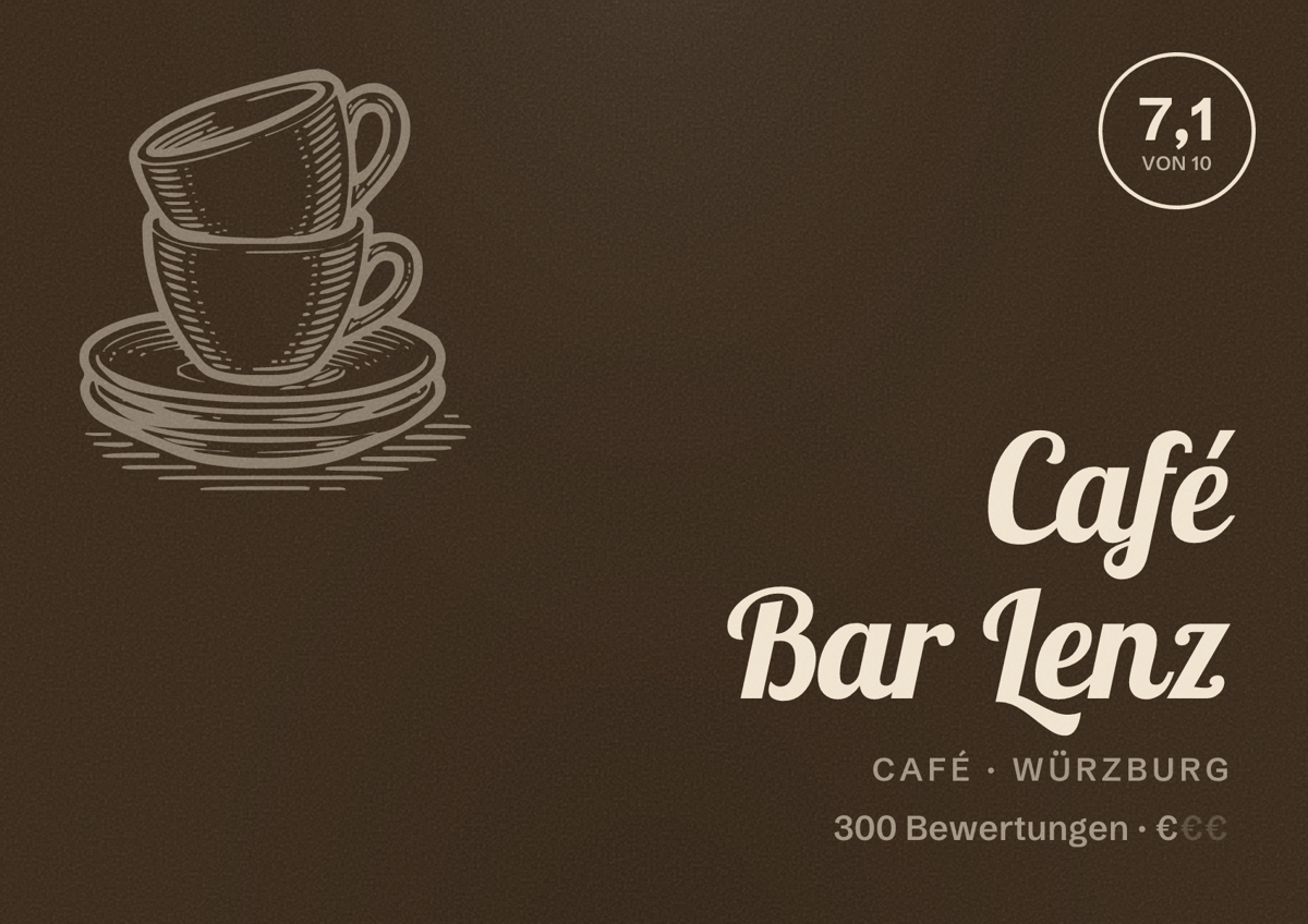 Illustriertes Poster von Café Bar Lenz, Café in Würzburg: Bewertung 7,1 von 10 aus 300 Bewertungen, Preisniveau €