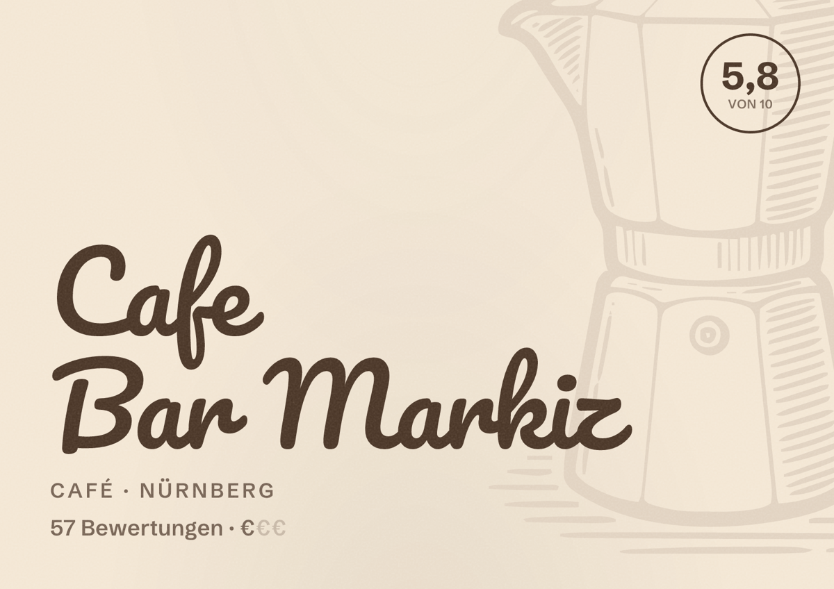 Illustriertes Poster von Cafe Bar Markiz, Café in Nürnberg: Bewertung 5,8 von 10 aus 57 Bewertungen, Preisniveau €