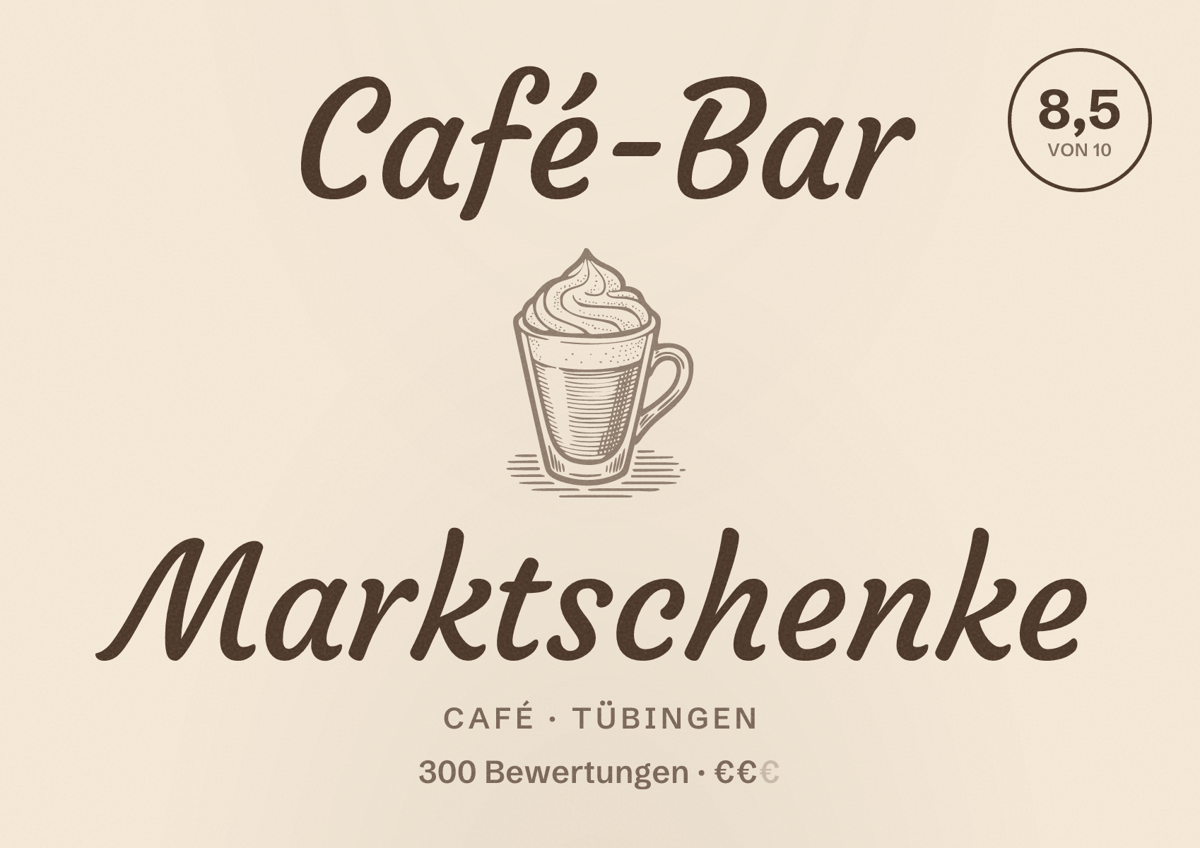 Illustriertes Poster von Café-Bar Marktschenke, Café in Tübingen: Bewertung 8,5 von 10 aus 300 Bewertungen, Preisniveau €€