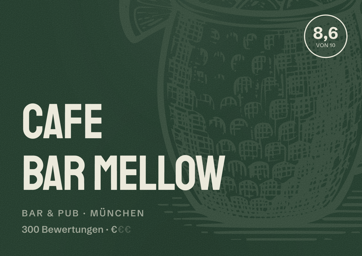 Illustriertes Poster von Cafe Bar Mellow, Bar & Pub in München: Bewertung 8,6 von 10 aus 300 Bewertungen, Preisniveau €
