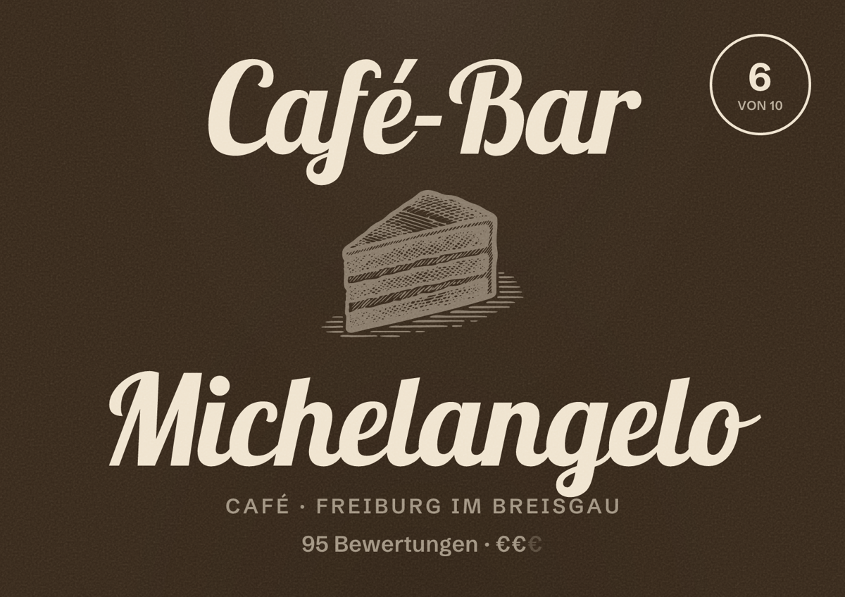 Illustriertes Poster von Café-Bar Michelangelo, Café in Freiburg im Breisgau: Bewertung 6,0 von 10 aus 95 Bewertungen, Preisniveau €€