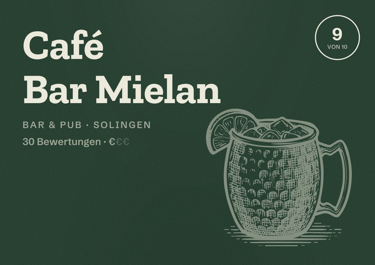 Illustriertes Poster von Café Bar Mielan, Bar & Pub in Solingen: Bewertung 9 von 10 aus 30 Bewertungen, Preisniveau €