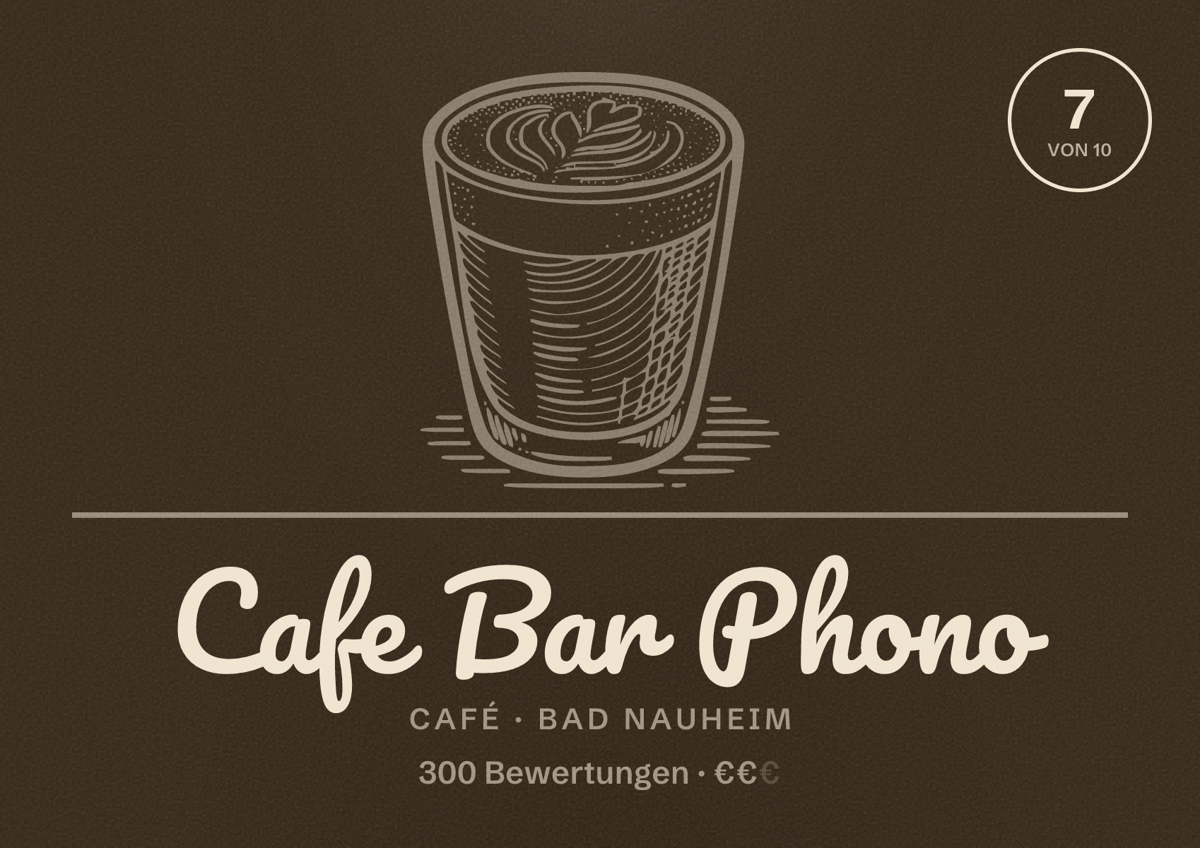 Illustriertes Poster von Cafe Bar Phono, Café in Bad Nauheim: Bewertung 7 von 10 aus 300 Bewertungen, Preisniveau €€