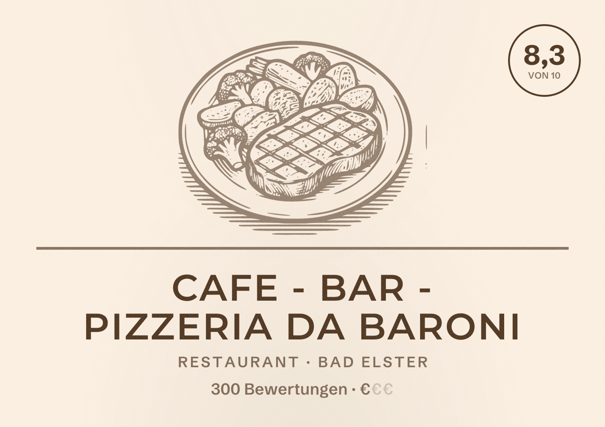 Illustriertes Poster von Cafe - Bar - Pizzeria Da Baroni, Restaurant in Bad Elster: Bewertung 8,3 von 10 aus 300 Bewertungen, Preisniveau €