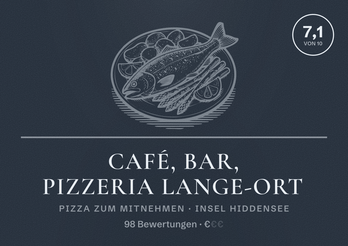 Illustriertes Poster von Café, Bar, Pizzeria Lange-Ort, Pizza zum Mitnehmen in Insel Hiddensee: Bewertung 7,1 von 10 aus 98 Bewertungen, Preisniveau €