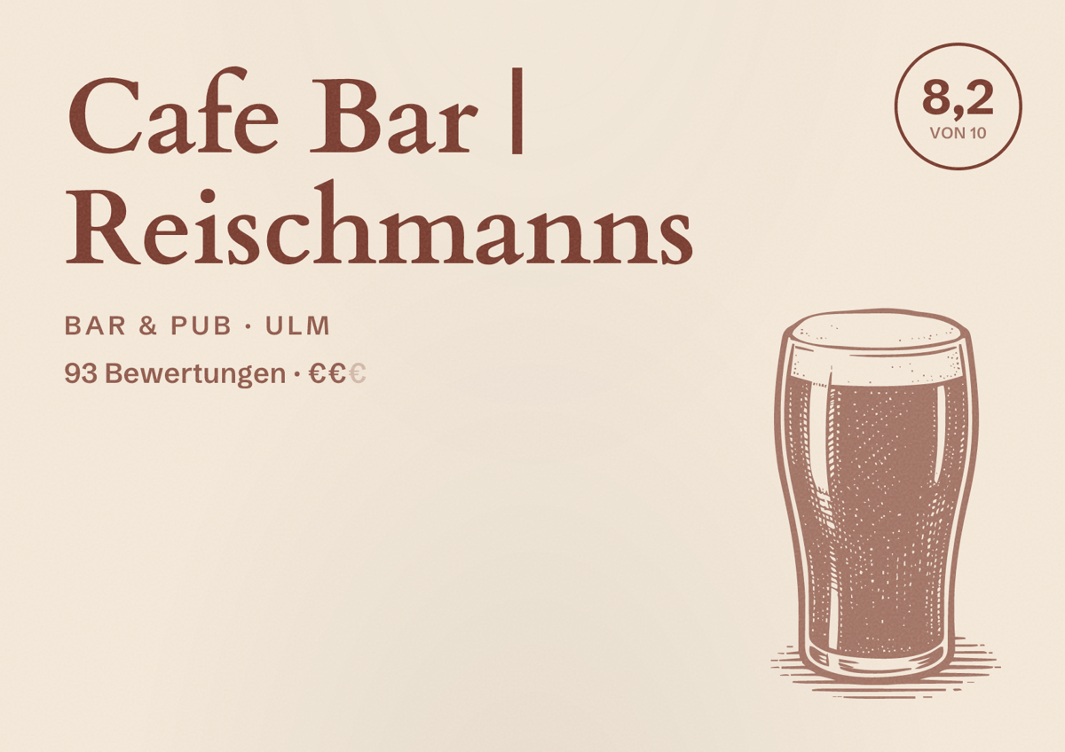 Illustriertes Poster von Cafe Bar | Reischmanns, Bar & Pub in Ulm: Bewertung 8,2 von 10 aus 93 Bewertungen, Preisniveau €€