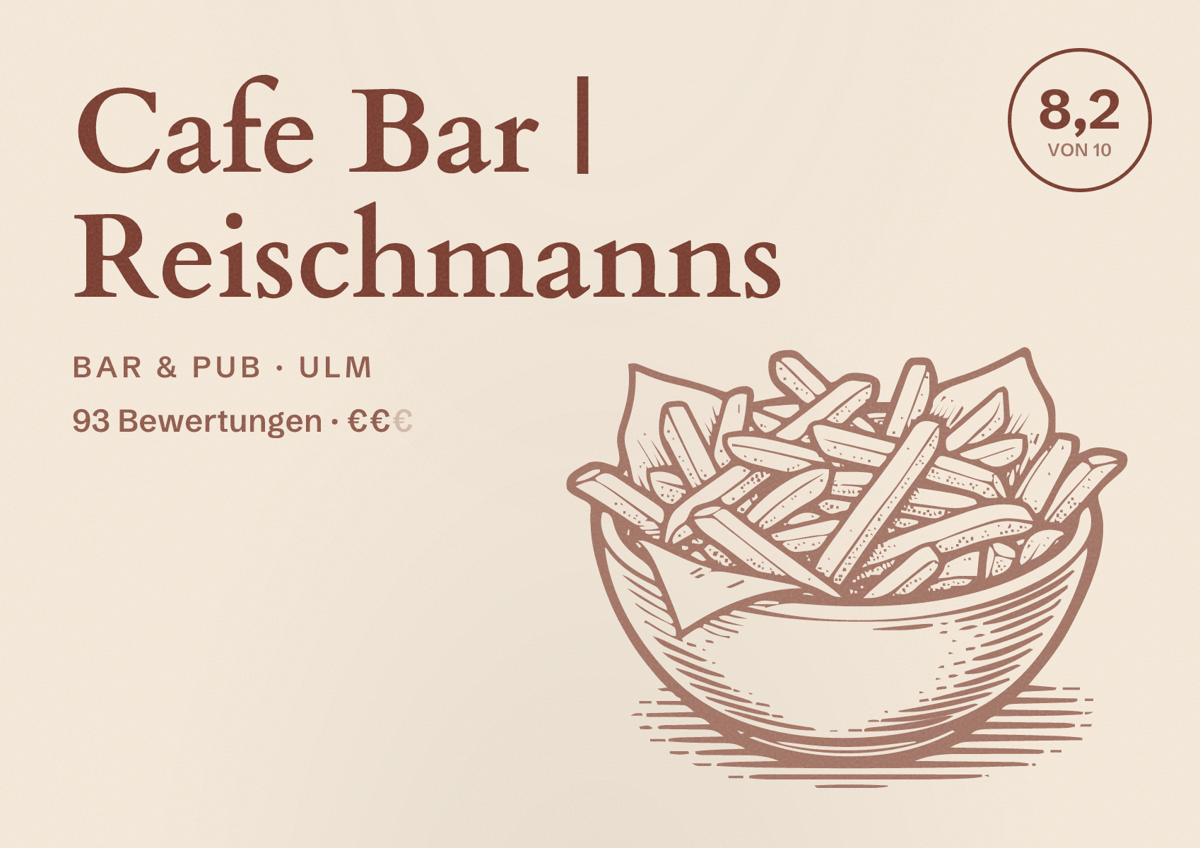 Illustriertes Poster von Cafe Bar | Reischmanns, Bar & Pub in Ulm: Bewertung 8,2 von 10 aus 93 Bewertungen, Preisniveau €€