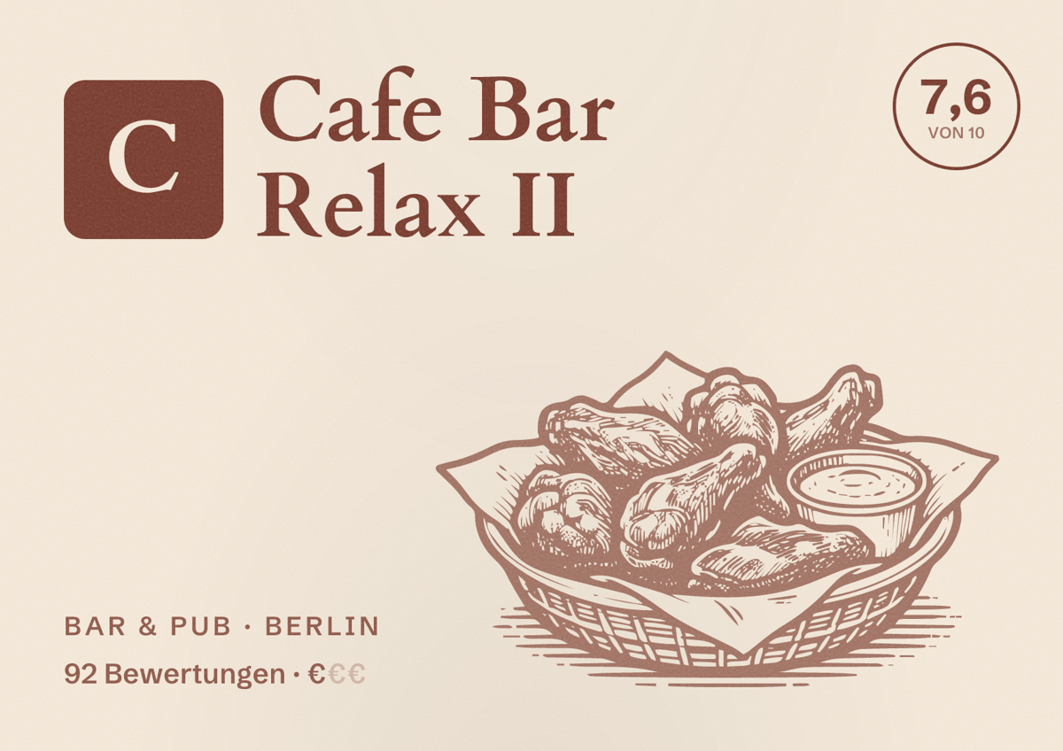 Illustriertes Poster von Cafe Bar Relax II, Bar & Pub in Berlin: Bewertung 7,6 von 10 aus 92 Bewertungen, Preisniveau €