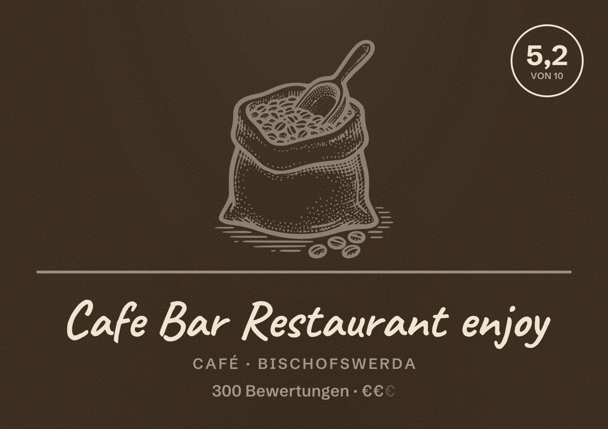 Illustriertes Poster von Cafe Bar Restaurant enjoy, Café in Bischofswerda: Bewertung 5,2 von 10 aus 300 Bewertungen, Preisniveau €€