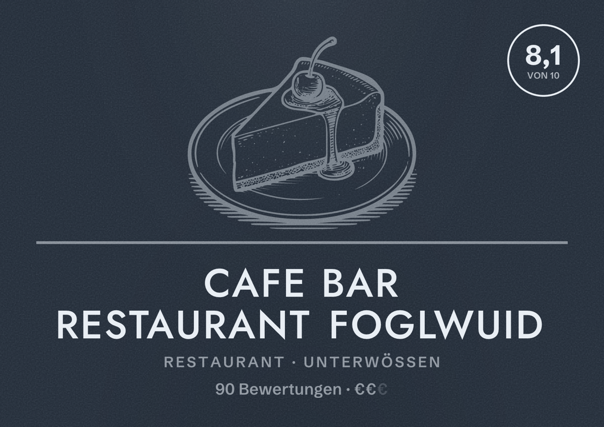 Illustriertes Poster von Cafe Bar Restaurant Foglwuid, Restaurant in Unterwössen: Bewertung 8,1 von 10 aus 90 Bewertungen, Preisniveau €€