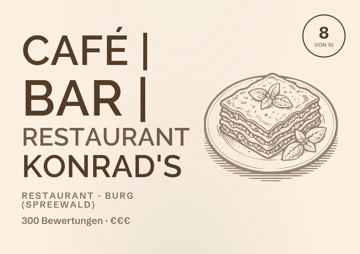 Illustriertes Poster von Café | Bar | Restaurant KONRAD's, Restaurant in Burg (Spreewald): Bewertung 8 von 10 aus 300 Bewertungen, Preisniveau €€€