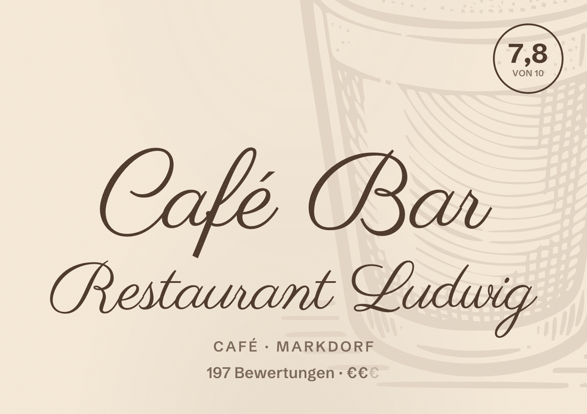 Illustriertes Poster von Café Bar Restaurant Ludwig, Café in Markdorf: Bewertung 7,8 von 10 aus 197 Bewertungen, Preisniveau €€