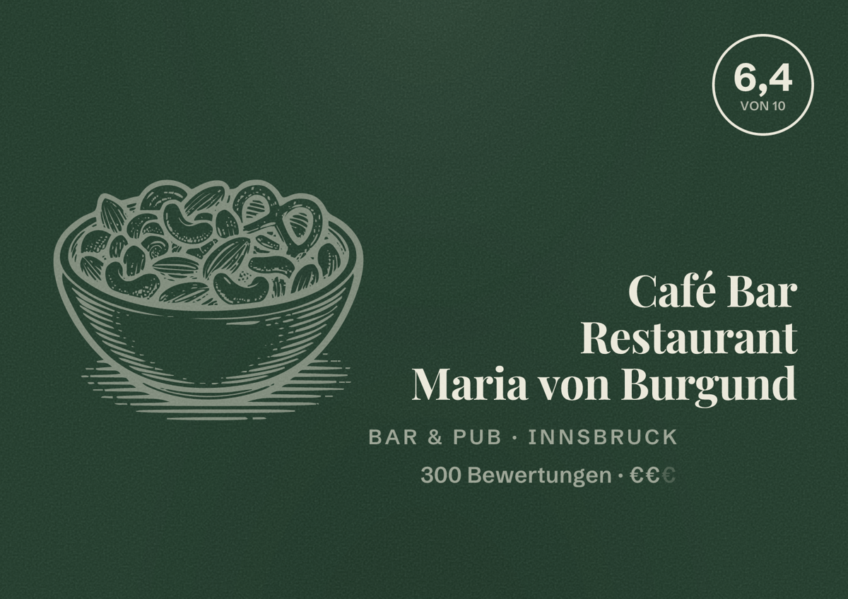 Illustriertes Poster von Café Bar Restaurant Maria von Burgund, Bar & Pub in Innsbruck: Bewertung 6,4 von 10 aus 300 Bewertungen, Preisniveau €€