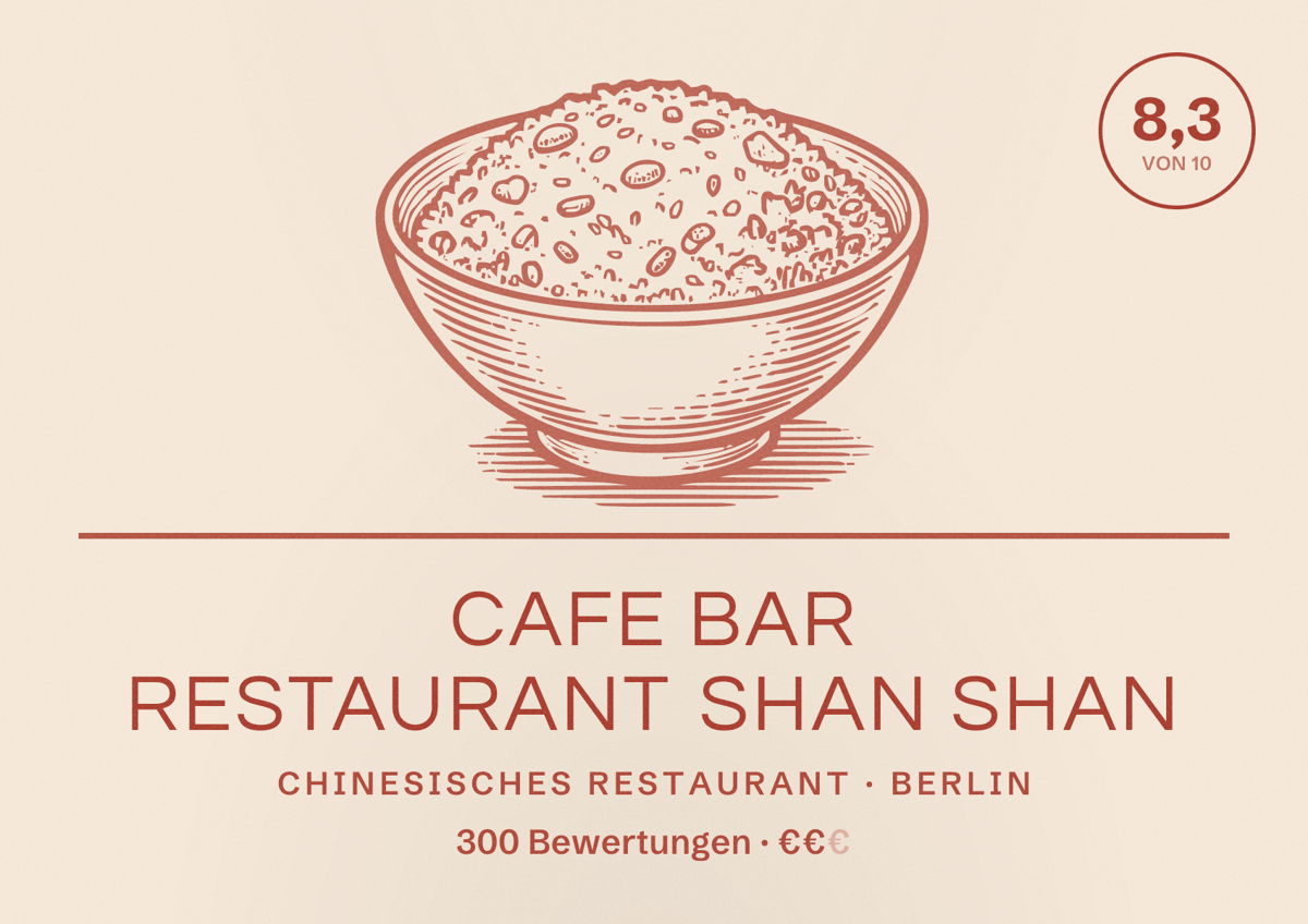 Illustriertes Poster von Cafe Bar Restaurant Shan Shan, Chinesisches Restaurant in Berlin: Bewertung 8,3 von 10 aus 300 Bewertungen, Preisniveau €€