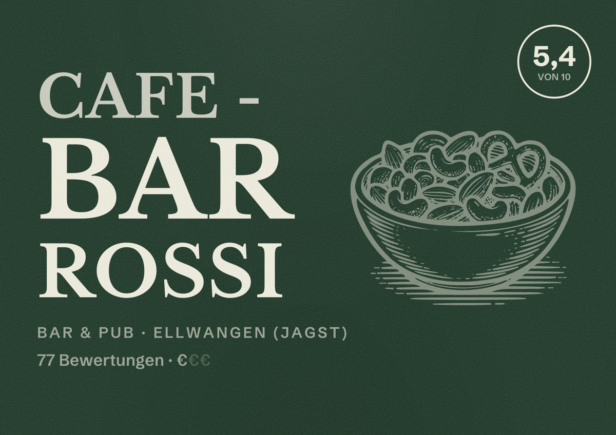 Illustriertes Poster von Cafe - Bar Rossi, Bar & Pub in Ellwangen (Jagst): Bewertung 5,4 von 10 aus 77 Bewertungen, Preisniveau €