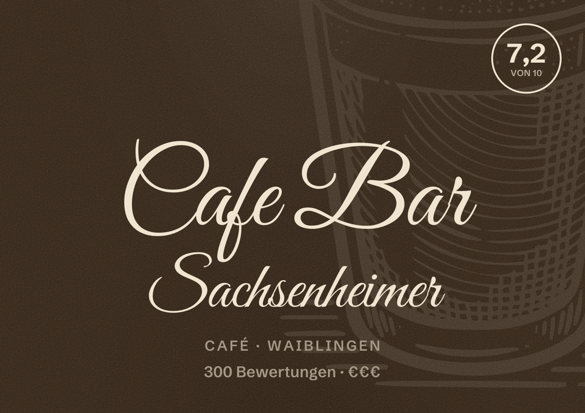 Illustriertes Poster von Cafe Bar Sachsenheimer, Café in Waiblingen: Bewertung 7,2 von 10 aus 300 Bewertungen, Preisniveau €€€