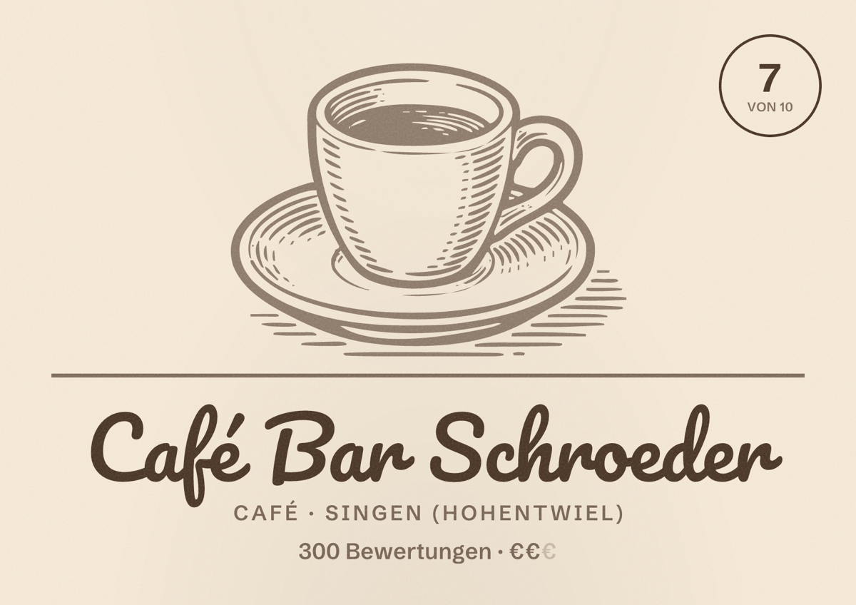 Illustriertes Poster von Café Bar Schroeder, Café in Singen (Hohentwiel): Bewertung 7 von 10 aus 300 Bewertungen, Preisniveau €€