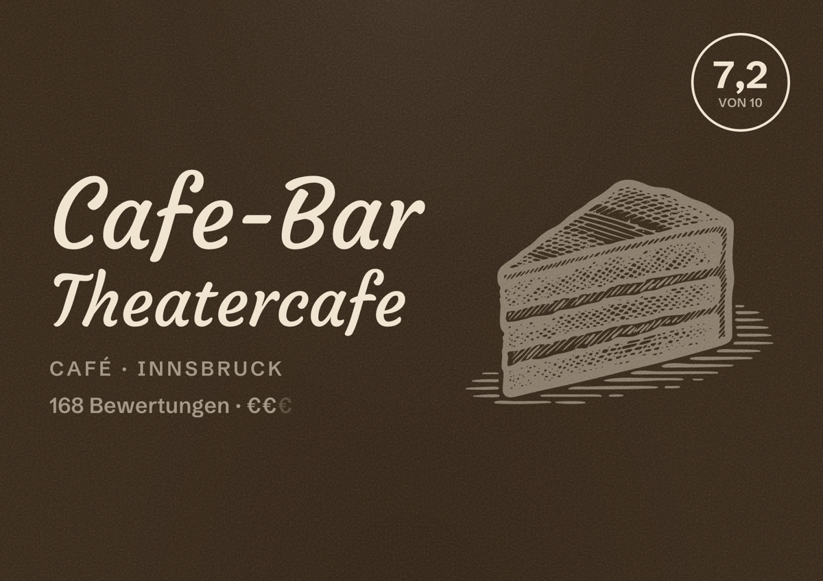 Illustriertes Poster von Cafe-Bar Theatercafe, Café in Innsbruck: Bewertung 7,2 von 10 aus 168 Bewertungen, Preisniveau €€