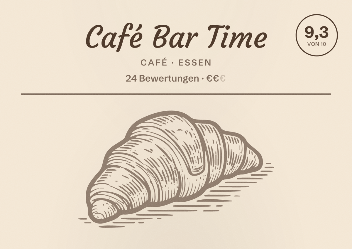 Illustriertes Poster von Café Bar Time, Café in Essen: Bewertung 9,3 von 10 aus 24 Bewertungen, Preisniveau €€