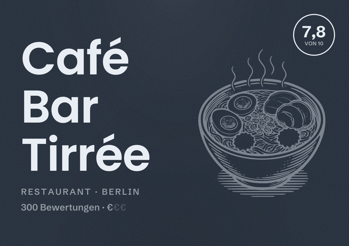 Illustriertes Poster von Café Bar Tirrée, Restaurant in Berlin: Bewertung 7,8 von 10 aus 300 Bewertungen, Preisniveau €