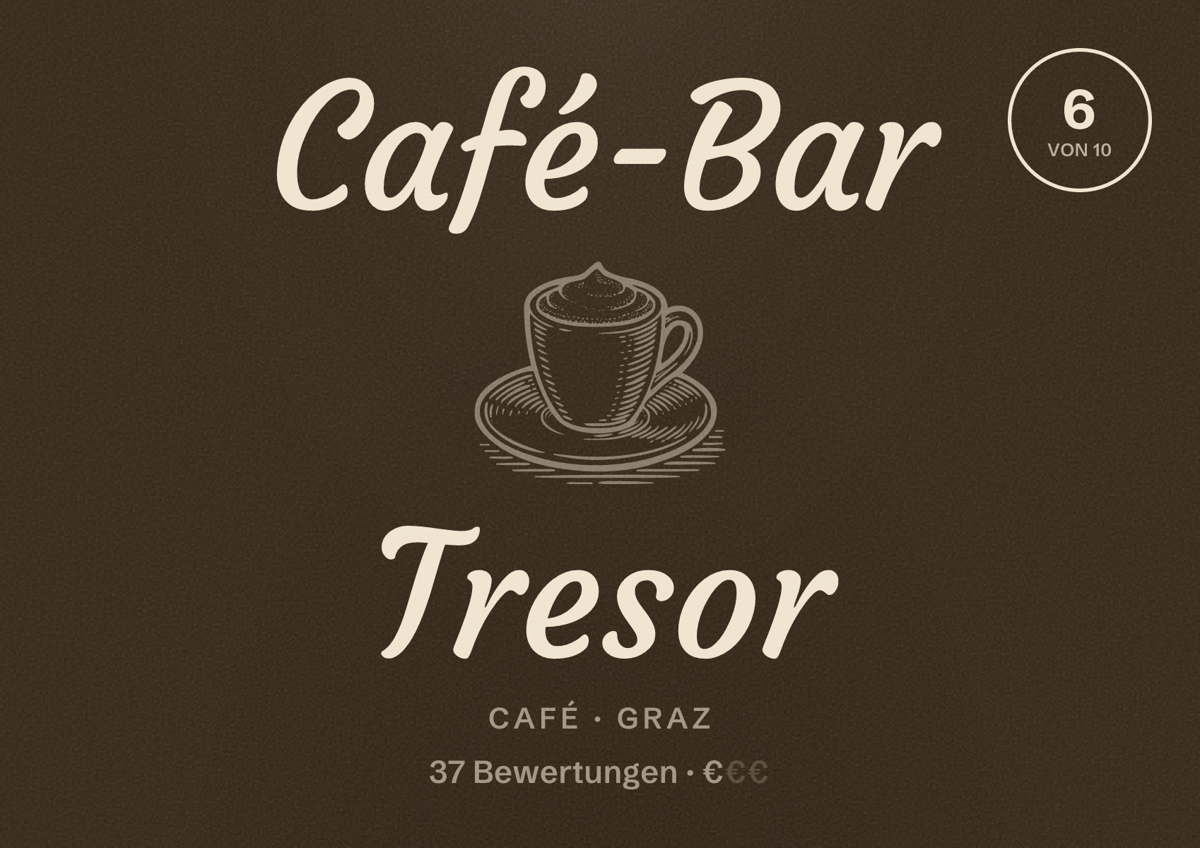 Illustriertes Poster von Café-Bar Tresor, Café in Graz: Bewertung 6 von 10 aus 37 Bewertungen, Preisniveau €