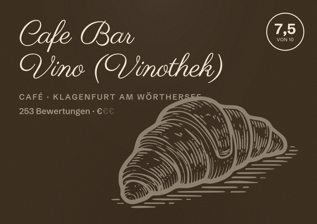 Illustriertes Poster von Cafe Bar Vino (Vinothek), Café in Klagenfurt am Wörthersee: Bewertung 7,5 von 10 aus 253 Bewertungen, Preisniveau €
