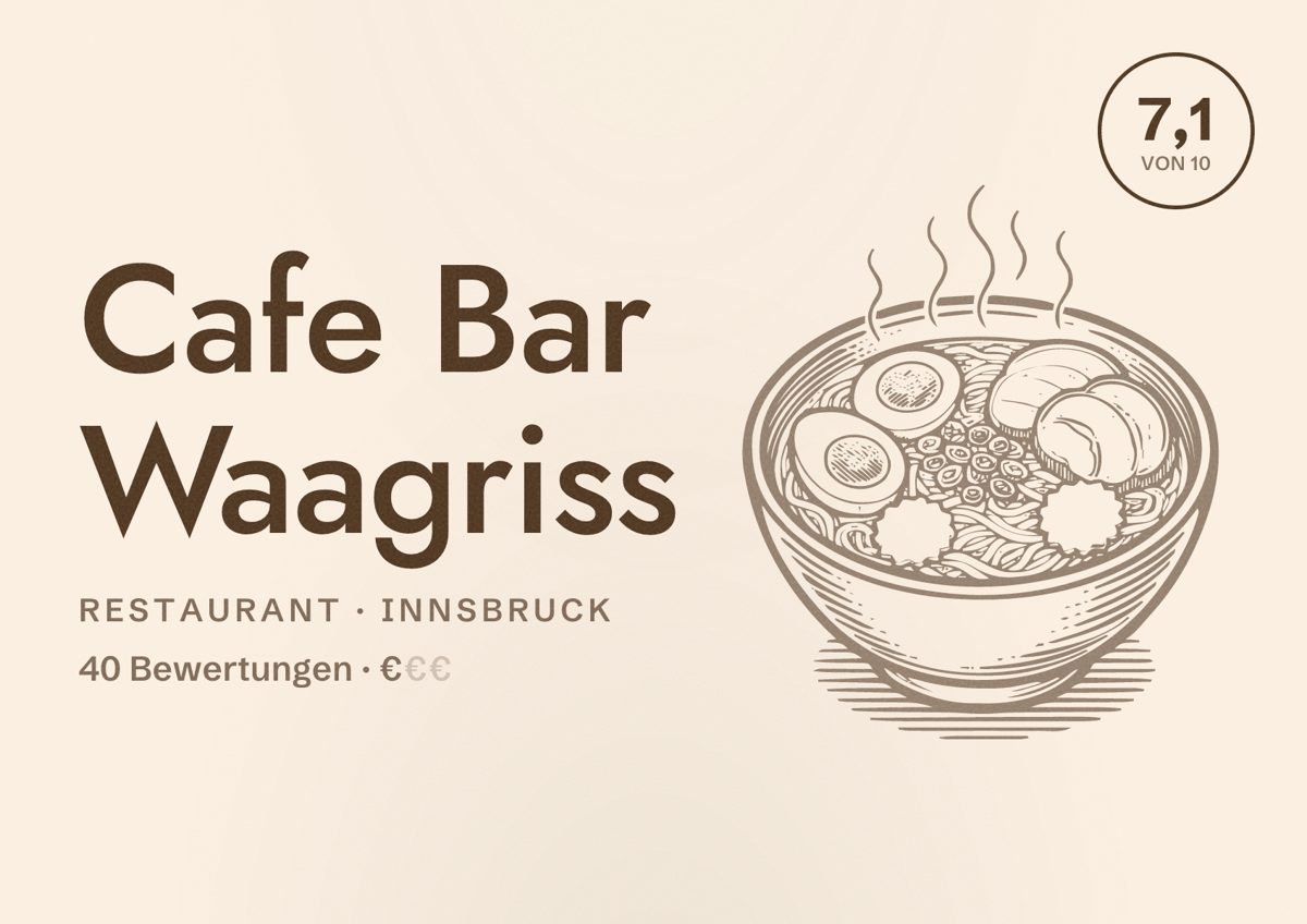 Illustriertes Poster von Cafe Bar Waagriss, Restaurant in Innsbruck: Bewertung 7,1 von 10 aus 40 Bewertungen, Preisniveau €