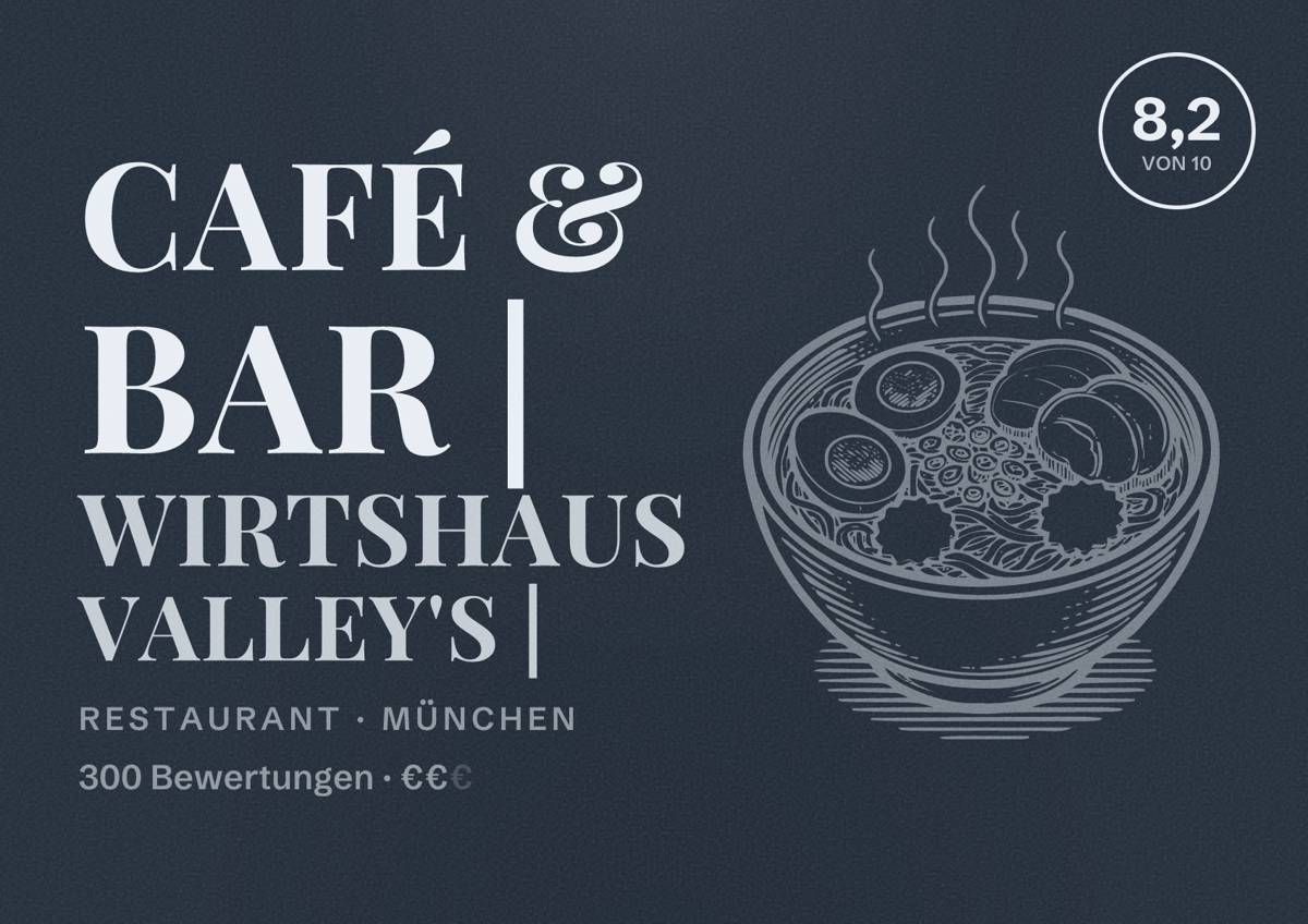 Illustriertes Poster von Café & Bar | Wirtshaus Valley's |, Restaurant in München: Bewertung 8,2 von 10 aus 300 Bewertungen, Preisniveau €€