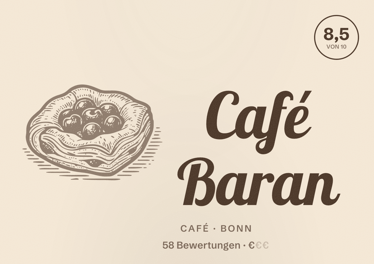 Illustriertes Poster von Café Baran, Café in Bonn: Bewertung 8,5 von 10 aus 58 Bewertungen, Preisniveau €