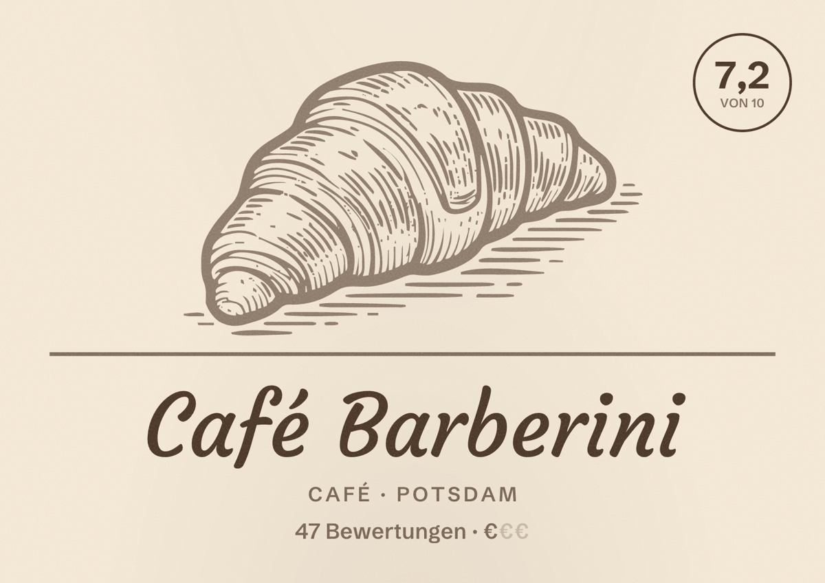 Illustriertes Poster von Café Barberini, Café in Potsdam: Bewertung 7,2 von 10 aus 47 Bewertungen, Preisniveau €