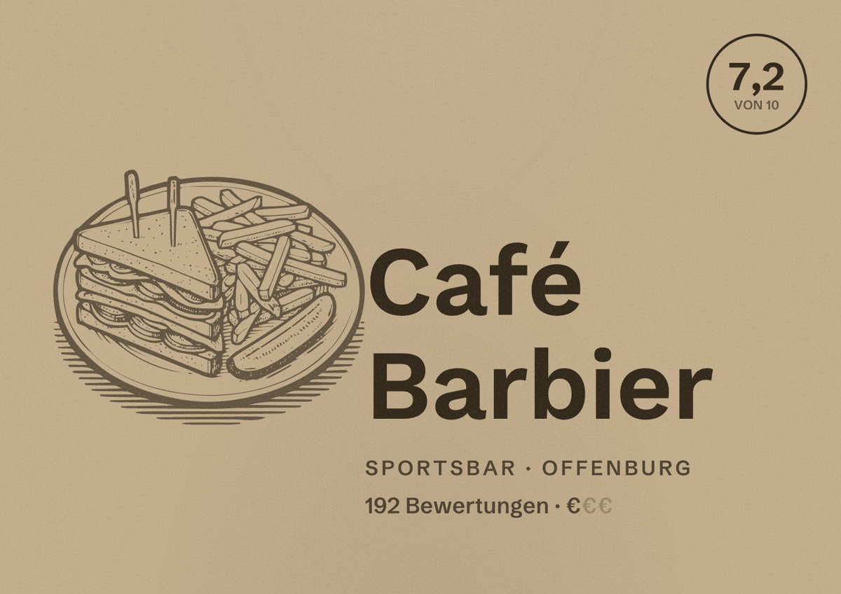 Illustriertes Poster von Café Barbier, Sportsbar in Offenburg: Bewertung 7,2 von 10 aus 192 Bewertungen, Preisniveau €