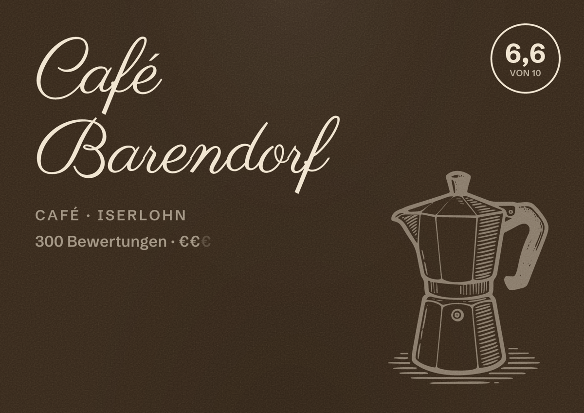 Illustriertes Poster von Café Barendorf, Café in Iserlohn: Bewertung 6,6 von 10 aus 300 Bewertungen, Preisniveau €€