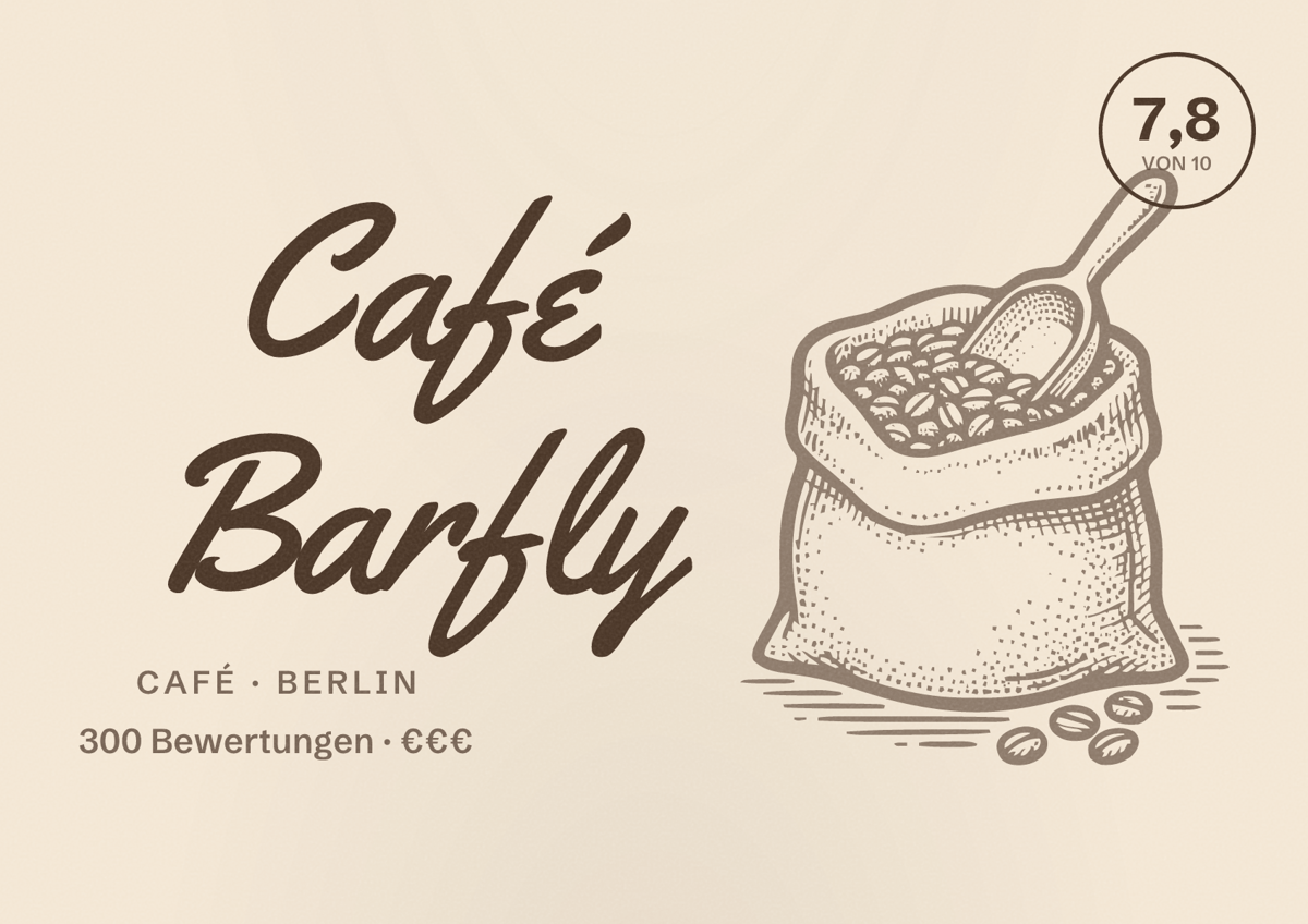 Illustriertes Poster von Café Barfly, Café in Berlin: Bewertung 7,8 von 10 aus 300 Bewertungen, Preisniveau €€€