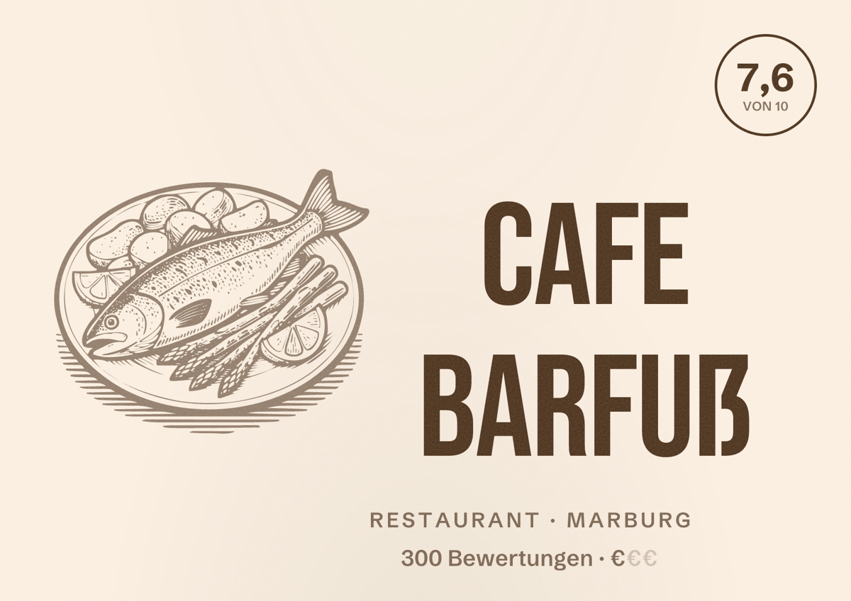 Illustriertes Poster von Cafe Barfuß, Restaurant in Marburg: Bewertung 7,6 von 10 aus 300 Bewertungen, Preisniveau €