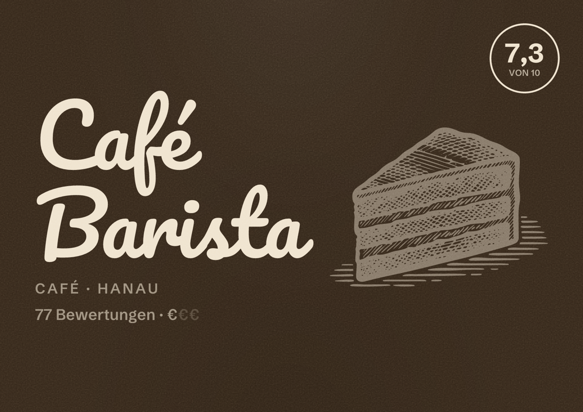 Illustriertes Poster von Café Barista, Café in Hanau: Bewertung 7,3 von 10 aus 77 Bewertungen, Preisniveau €
