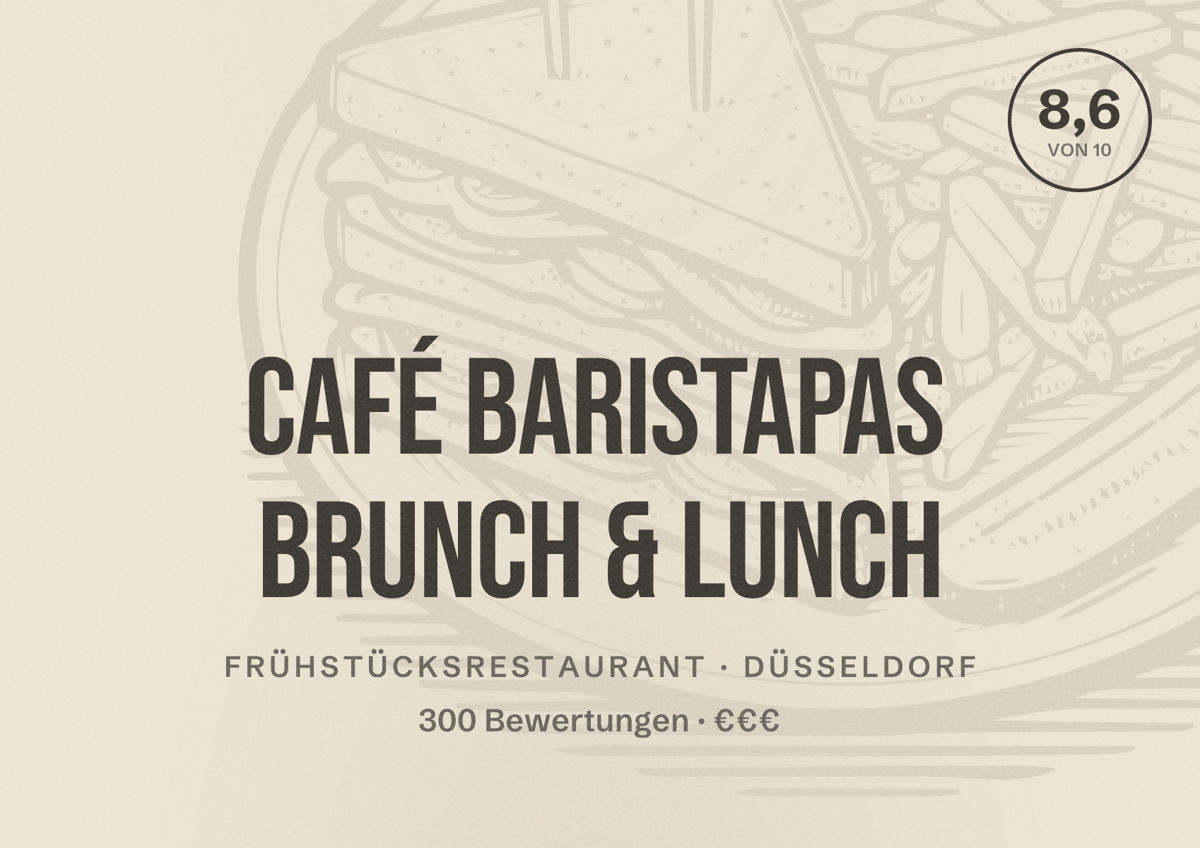 Illustriertes Poster von Café BARISTAPAS Brunch & Lunch, Frühstücksrestaurant in Düsseldorf: Bewertung 8,6 von 10 aus 300 Bewertungen, Preisniveau €€€