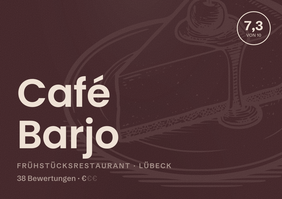Illustriertes Poster von Café Barjo, Frühstücksrestaurant in Lübeck: Bewertung 7,3 von 10 aus 38 Bewertungen, Preisniveau €
