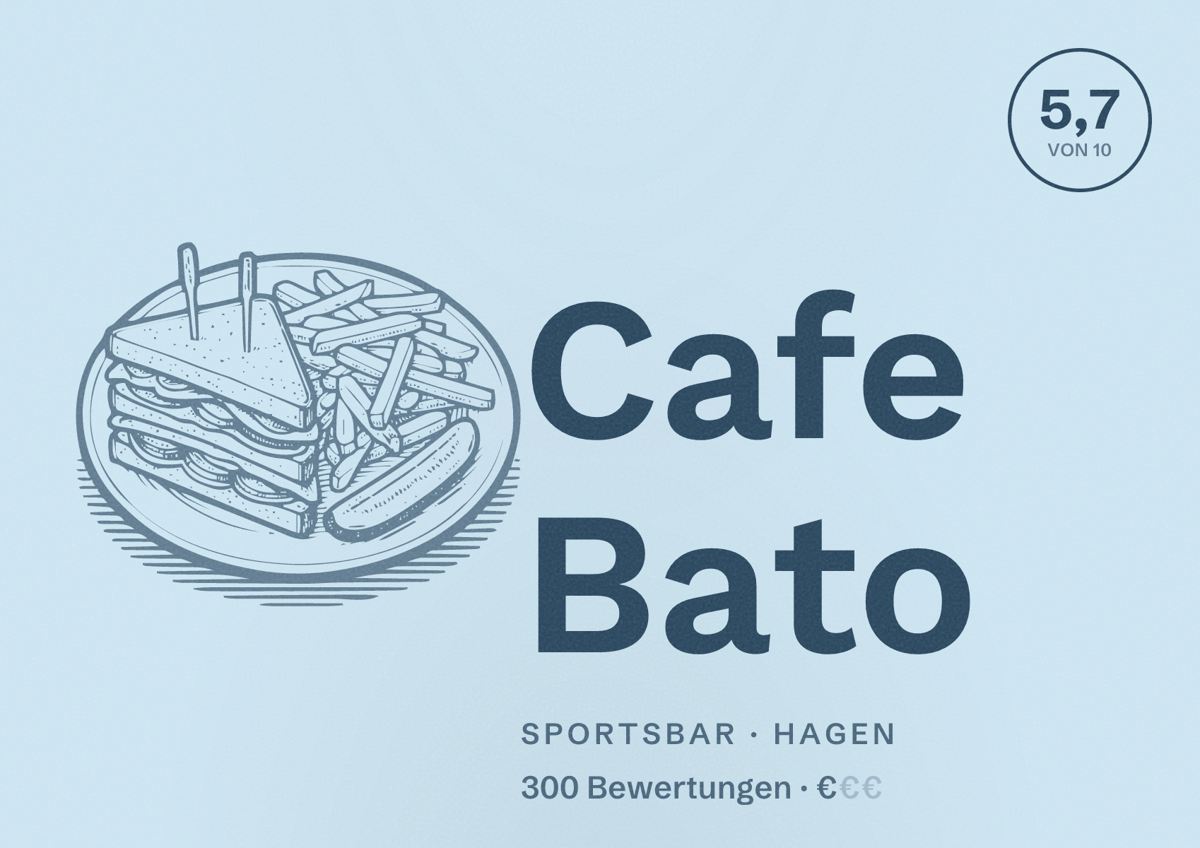 Illustriertes Poster von Cafe Bato, Sportsbar in Hagen: Bewertung 5,7 von 10 aus 300 Bewertungen, Preisniveau €
