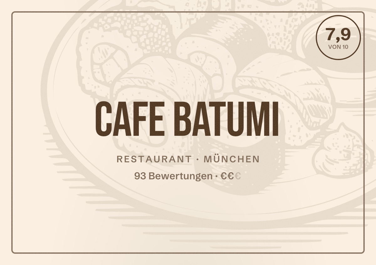 Illustriertes Poster von Cafe Batumi, Restaurant in München: Bewertung 7,9 von 10 aus 93 Bewertungen, Preisniveau €€