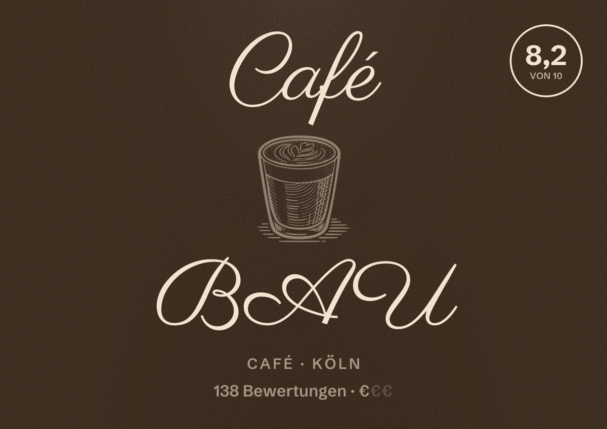 Illustriertes Poster von Café BAU, Café in Köln: Bewertung 8,2 von 10 aus 138 Bewertungen, Preisniveau €