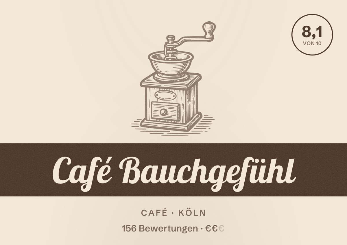 Illustriertes Poster von Café Bauchgefühl, Café in Köln: Bewertung 8,1 von 10 aus 156 Bewertungen, Preisniveau €€