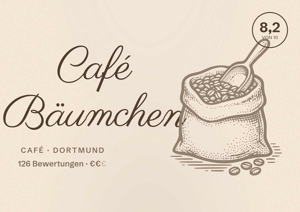 Illustriertes Poster von Café Bäumchen, Café in Dortmund: Bewertung 8,2 von 10 aus 126 Bewertungen, Preisniveau €€
