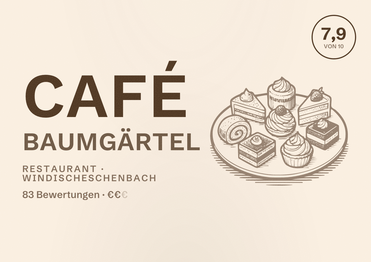 Illustriertes Poster von Café Baumgärtel, Restaurant in Windischeschenbach: Bewertung 7,9 von 10 aus 83 Bewertungen, Preisniveau €€