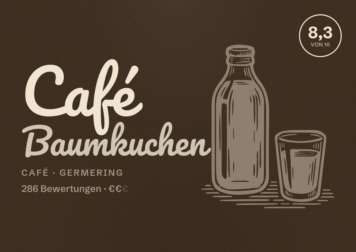 Illustriertes Poster von Café Baumkuchen, Café in Germering: Bewertung 8,3 von 10 aus 286 Bewertungen, Preisniveau €€