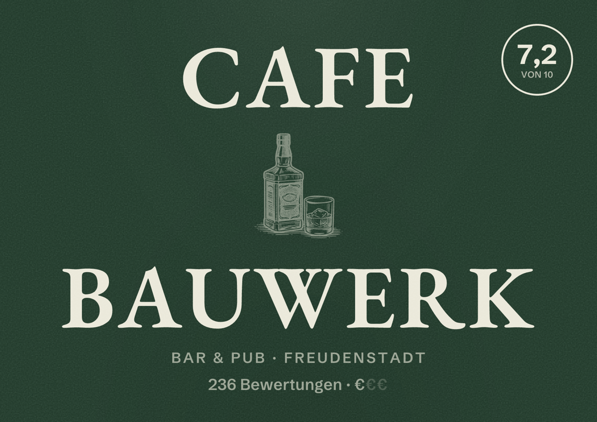 Illustriertes Poster von Cafe Bauwerk, Bar & Pub in Freudenstadt: Bewertung 7,2 von 10 aus 236 Bewertungen, Preisniveau €