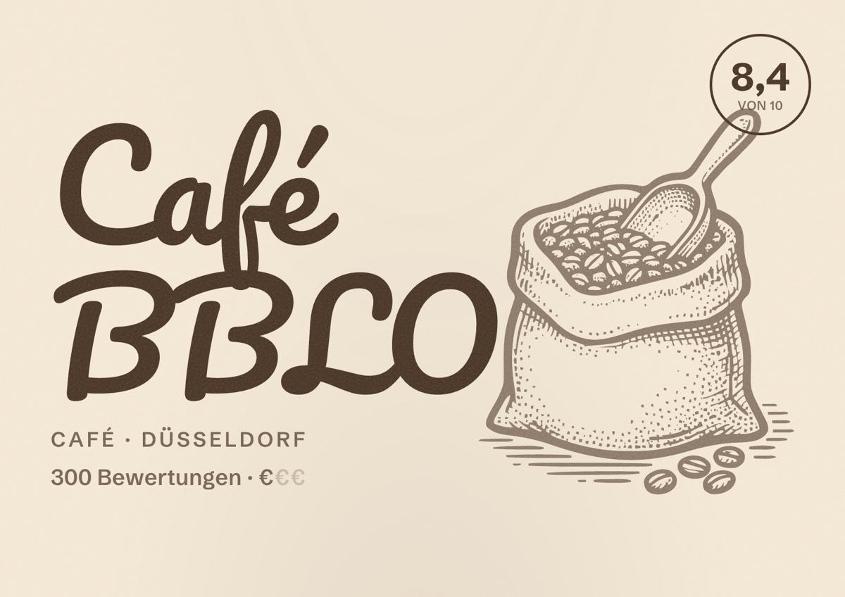 Illustriertes Poster von Café BBLO, Café in Düsseldorf: Bewertung 8,4 von 10 aus 300 Bewertungen, Preisniveau €