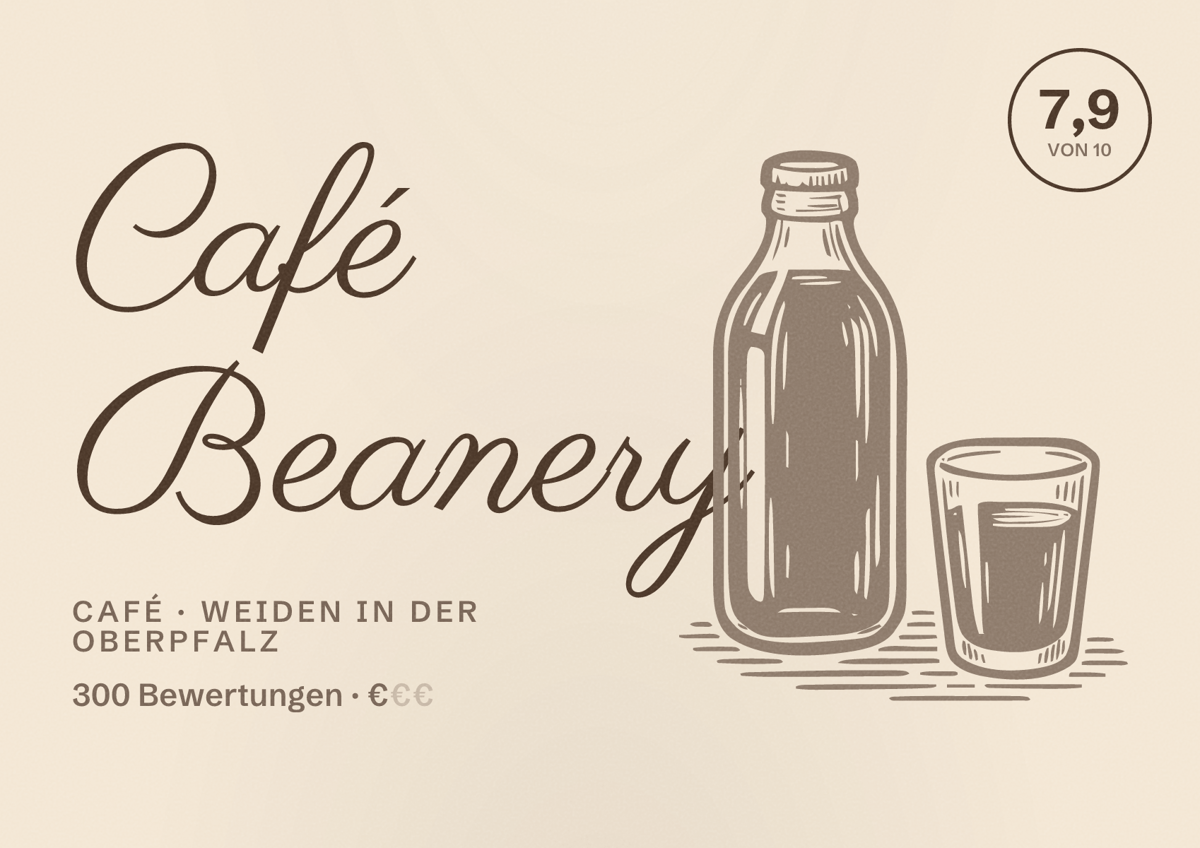 Illustriertes Poster von Café Beanery, Café in Weiden in der Oberpfalz: Bewertung 7,9 von 10 aus 300 Bewertungen, Preisniveau €