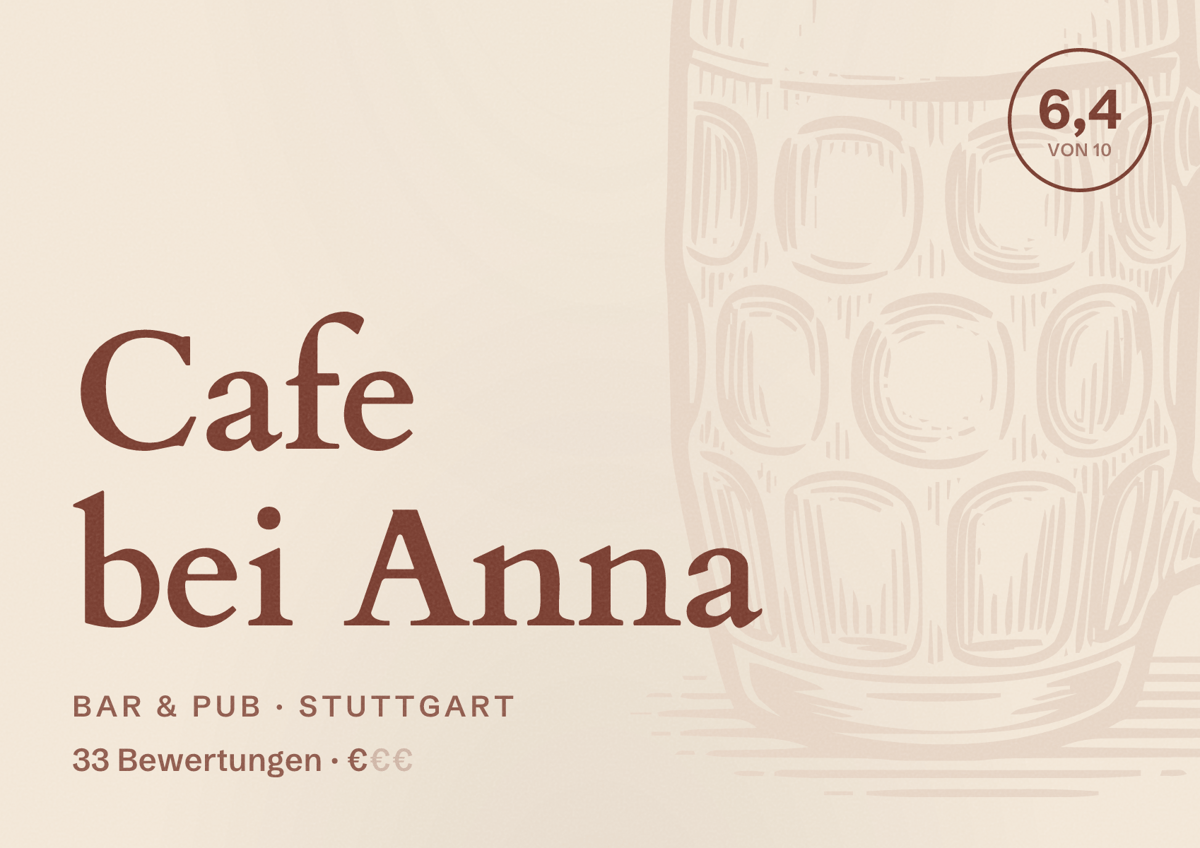 Illustriertes Poster von Cafe bei Anna, Bar & Pub in Stuttgart: Bewertung 6,4 von 10 aus 33 Bewertungen, Preisniveau €